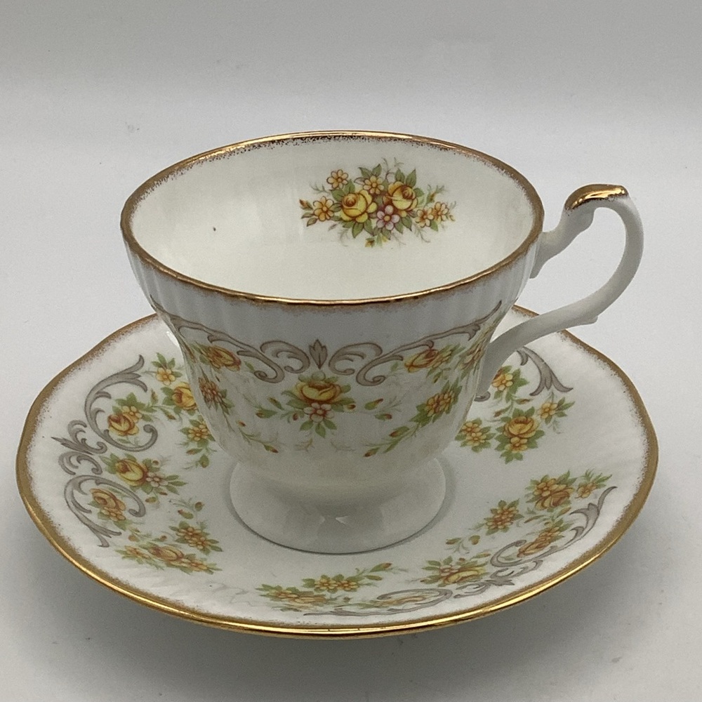 Royal Minister England Yellow Roses and Scrollwork Teacup and and Saucer